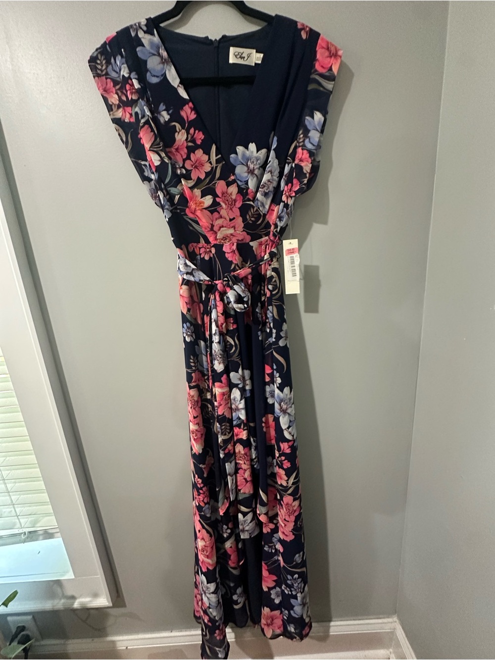 Eliza J Navy Floral Wrap Maxi Dress with Pink and Light Blue Blooms